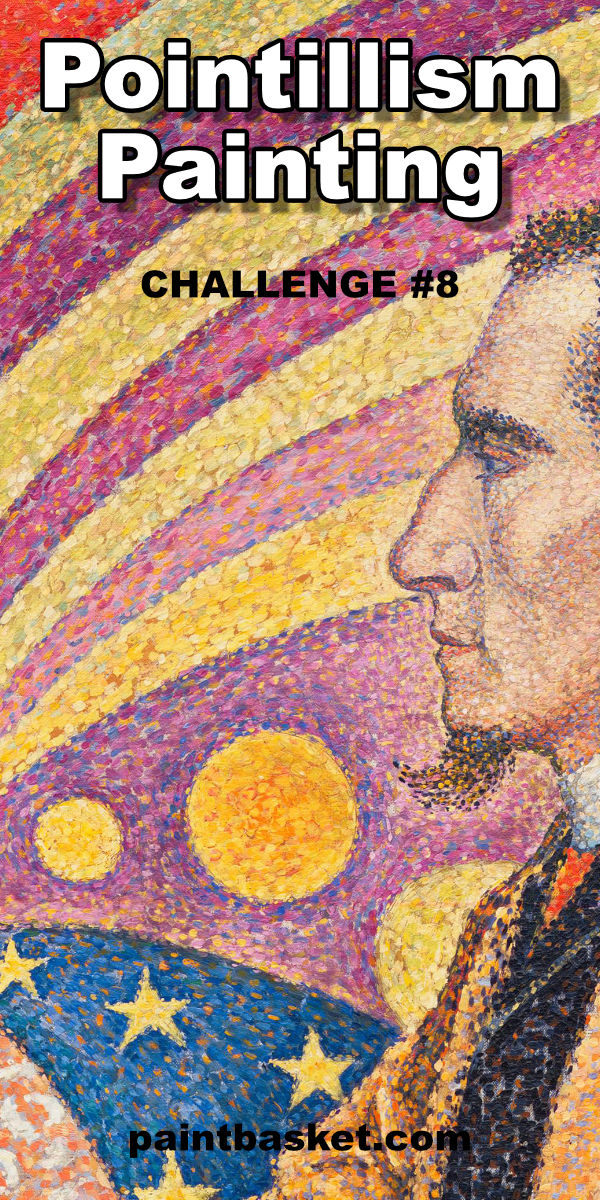 pointelism-tutorial-painting-challenge-pin Learn what pointillism is and how you can paint in a pointillist style. art classes, art basics, art challenge, nolan clark, paint basket, online art lessons